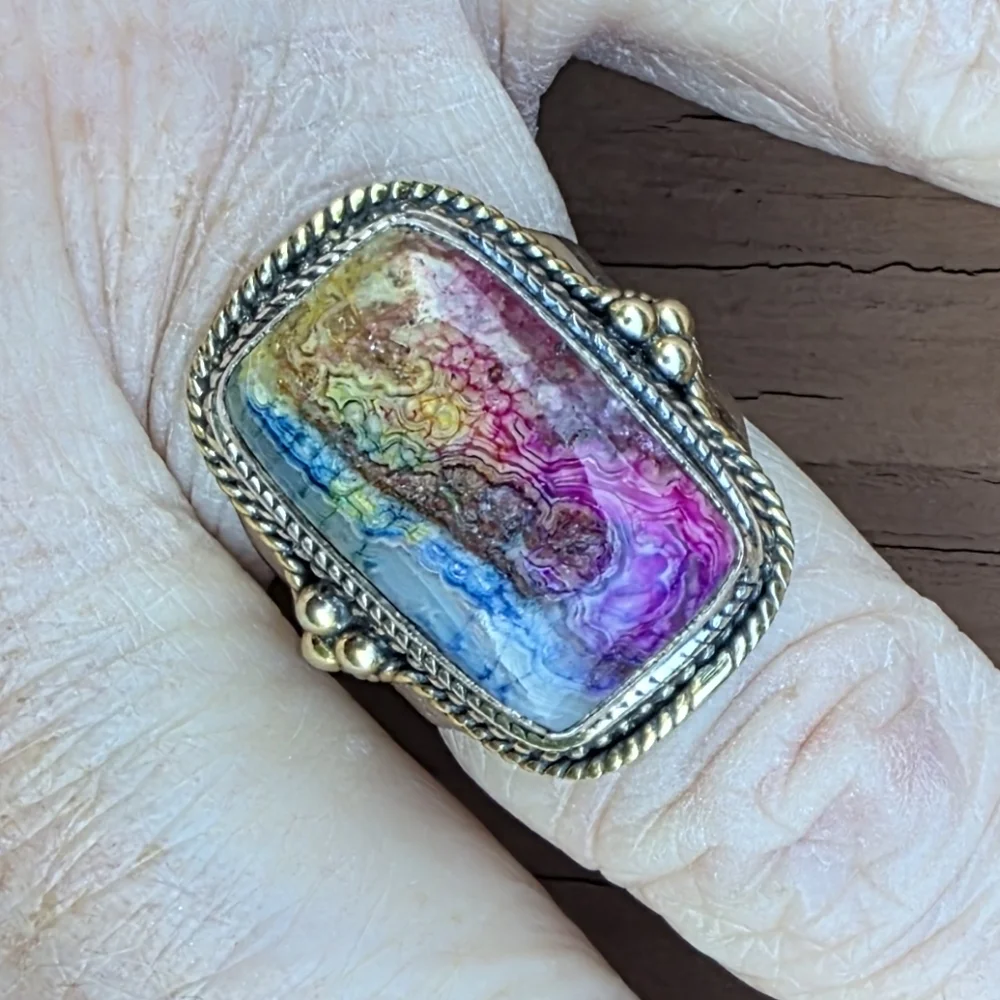 Crazy Lace Gemstone Ring in 925 Sterling Silver w/ Gold Vermeil Accents (7)